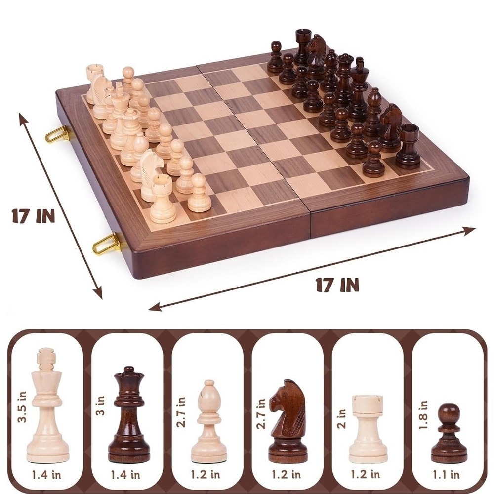 Soban's 17in Walnut Wooden Chess Set Folding Board 2 Extra Queens 3.5in King - Picture 3 of 7